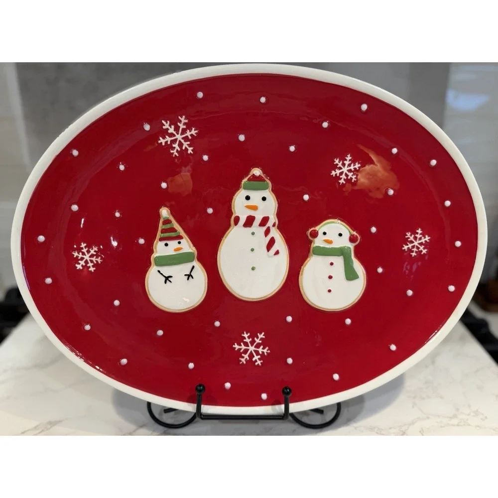 Hallmark Christmas Snowman Oval Serving Platter Red Ceramic Holiday